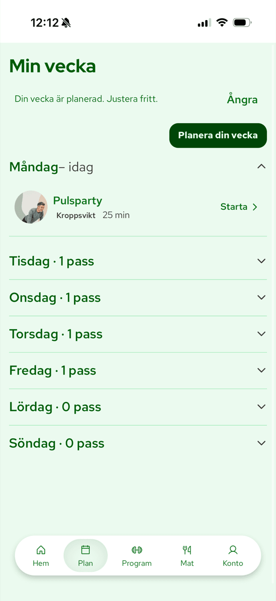 Veckovyn i appen där passen ligger utlagda på dagar